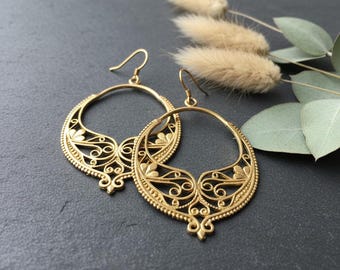 Boho Filigree Earrings | Ethnic Brass Hoop Earrings | Oriental Mandala Jewelry | Vintage Style Brass Dangles