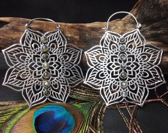 Oversize Ornemental Hoop Earrings  With Natural Stones || Mandala Ethnic Hoops With Gemstones || Oriental Floral Pattern Stone Earrings