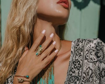 Long Bohemian Adjustable Ring With 2 Oval Shape Natural Stones || Brass Ring With  Arabesk Cut Outs Designs || Open work Swirls Ethnic Ring