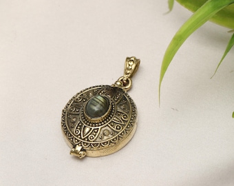 Boho Golden Tone Openable Box Pendant with Natural Stone | Ethnic Tribal Locket Necklace | Handmade Brass Box Pendant | Vintage Amulet