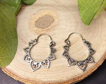 Mini Delicate Stylized Floral Mandala  Hoops || Small Bohemian Oriental  Hoop Earrings || Original Ethnic Brass Jewelry