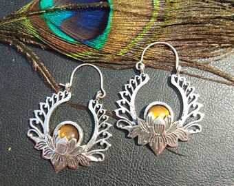 Lotus Hoop Earrings with Semi Precious Stones || Women's Powerful Symbol Rings with Gem Stones
