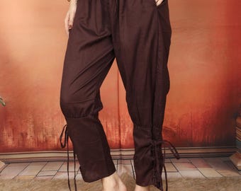 Chocolat Brown Viking Inspired Gender Free Elasticated Cotton Free Size Trouser With Lace Up Details On The Calfs