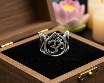 Open Work Adjustable  Sacred Lotus Ring With Om Symbol | Silver Tone Brass Spiritual Jewelry