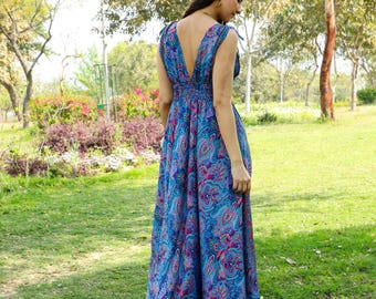 Goddess V Neckline Long Dress || Blue Bohemian Dress With Open Back  || Paisley Print Polyester Dress with Adjustable Shoulders