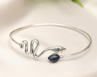 Boho Brass Snake Cuff Bracelet With Natural Stone  | Ethnic Adjustable Open Bangle | Tribal Serpent Jewelry for Women