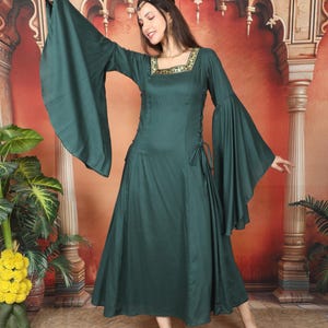 Bottle Green Medieval Dress with Lace-Up || Dress with Umbrella Sleeves || Dress With Square Neckline Adorn With Gold Patterns Ribbon