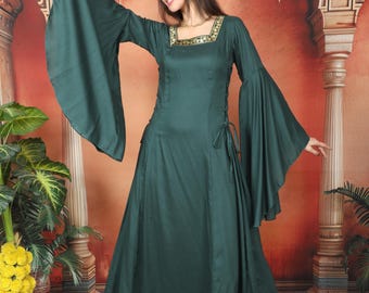 Bottle Green Medieval Dress with Lace-Up || Dress with Umbrella Sleeves || Dress With Square Neckline Adorn With Gold Patterns Ribbon