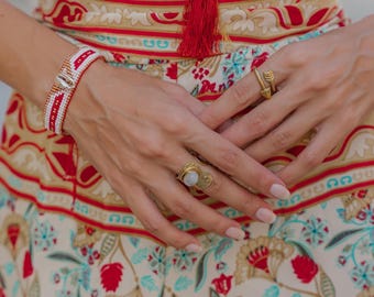 Adjustable Minimalist Hammered Brass Wrap Ring with Natural Gemstone