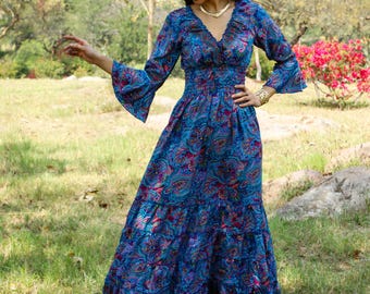 Blue Bohemian Paisley Polyester Dress || 3/4 Sleeves Colorful Fluid Dress || Free Size Summer Dress || Flared Sleeves Dress