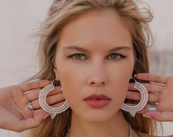 Oversized Textured Brass Crescent Hoop Earrings | Boho Oriental Ethnic Jewelry | Tribal Statement Earrings | Handmade Brass Hoops