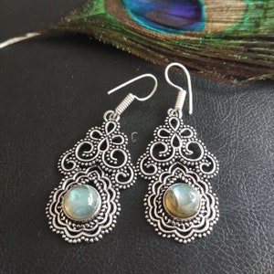 Ethnic Jewelry || Silver Color Dangling Earrings With Semi Precious Stones || Natural Stone Ornamental Earrings