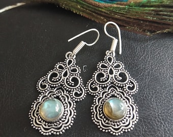 Ethnic Jewelry || Silver Color Dangling Earrings With Semi Precious Stones || Natural Stone Ornamental Earrings