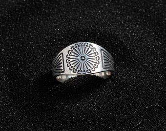 Silver Color Brass Adjustable Ring with Mandala | Ethnic Geometric Engraved Boho Ring