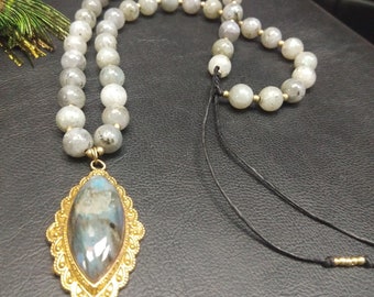 Unique Indian Labradorite Necklace and Golden Brass Ethnic Pendant || Labradorite Pendant Necklace || Adjustable Natural Stones Necklace