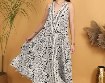 Boho Paisley Maxi Dress | Off White Black Halter Deep V Neck Polyester Flowy Bohemian