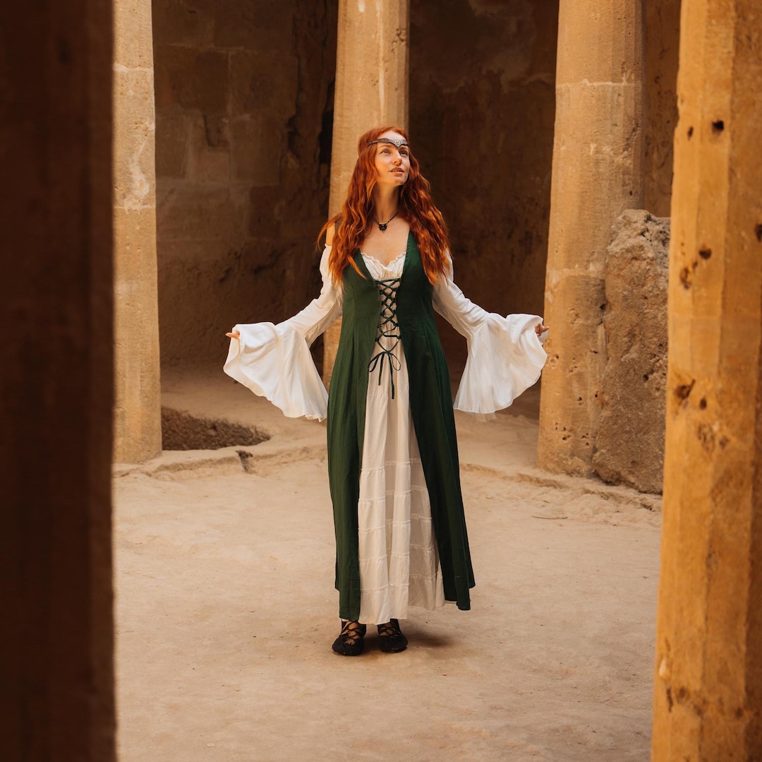 Abito medievale in cotone verde scuro // Gilet sopraabito celtico