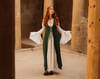 Medieval Dark Green Cotton Over Dress ||  Sleeveless Celtic Over Dress Vest || Women's Long  Cosplay Sleeveless Vest with Lacing