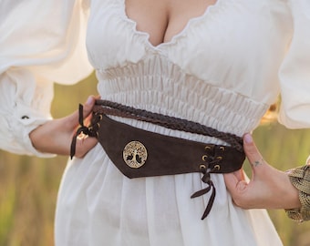 Medieval Suede Belt Decorated With Brass Tree Of Life || Bohemian Handmade Point Cut  Waistband Adorned With Powerful Mystic Sign