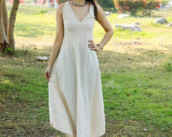 Plain Off White Raw Cotton Goddess Dress || Woven Belt Tie-Back Dress ||  Earthly  Boho Vegetable Dye Dress