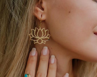 Lotus Flower Brass Earrings | Boho Spiritual Jewelry | Sacred Symbol Earrings | Ethnic Handmade Dangle Earrings