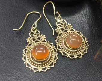 Golden Dangling Ethnic  Earrings Adorn With A Round Natural Gemstone || Bohemian Drop Earrings || Medieval Inspired Earring with Stone