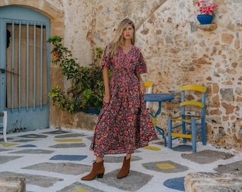 Boho Short Sleeves Dress ||  Floral Contrasted Prints Long Dress || Fluid Buttoned Maxi Dress || Black Maxi Dress || Butterfly Sleeves Dress