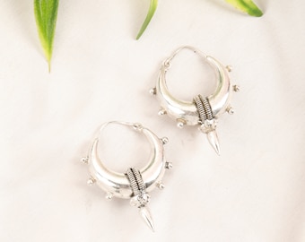 Hoop Earrings Decorated with Spikes || Silver Color Brass Ethnic Hoops || Tribal Earrings || Bohemian Hoops with Spike