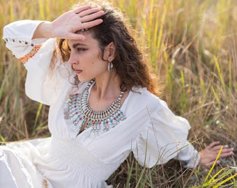Tribal Brass Bib Necklace, Ethnic Gypsy Necklace, Big Bohemian Nomadic Necklace, Afghani Style Statement Necklace, Berber Coin Necklace