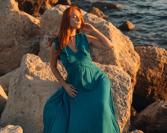 Elegant Petrole Blue Goddess Evening Dress || Ruffled Long Bohemian Dress With Low Back ||  Wrinkled Viscose Party Dress || Boho Clothing