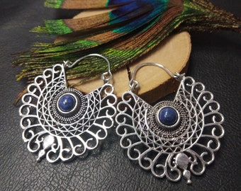 Oriental Silvered Hoop Earrings With Semi Precious Stones || Bohemian Chic Natural Stones Hoop Earrings || Ethnic Creoles With Gemstones