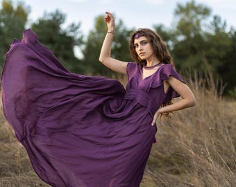 Elegant Purple Goddess Evening Dress || Ruffled Long  Bohemian Dress With Low Back || Plain Wrinkled Viscose Party Dress|| Boho Clothing