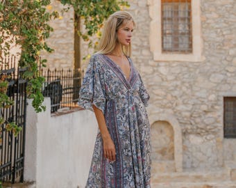 Grey Hilight With Golden Bohemian Butterfly Sleeves Maxi Dress || Open Back Paisley Print Maxi Dress || Loose Polyester Tie Back Dress