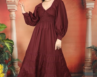 Long Burgundy Bohemian Dress With Ruffles ||  Plain Cotton  Medieval Inspired Dress || Fitted Maxi Dress With Long Puffy Sleeves