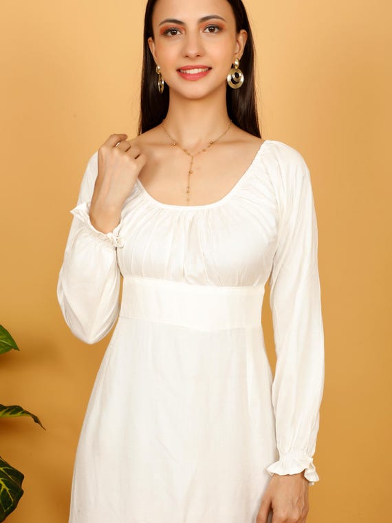 Handmade Viscose Empire Waist Dress: Long Sleeve Off White Boho Gown Handmade Viscose Empire Waist Dress: Long Sleeve Off White Boho Gown