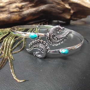 Silver Color Brass Ethnic Arm Bracelet With Semi Precious Stones Brass Arm Bracelet with Peacock Patterns and Gemstones image 9