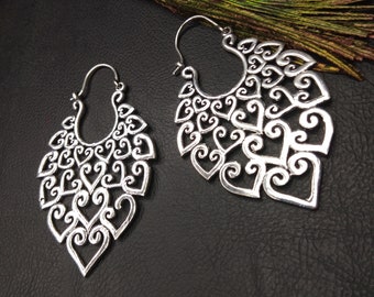 Large Ornamental Hoop Earrings || Openwork Ethnic Hoops || Swirl Tribal Earrings