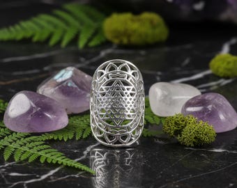 Sri Yantra Mandala Adjustable Ring Silver Color Brass | Sacred Geometry Spiritual Jewelry