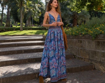 Long Floral Paisley  Print Dress || Bohemian Plunging Neckline Dress || Sexy Tie Back Boho Dress