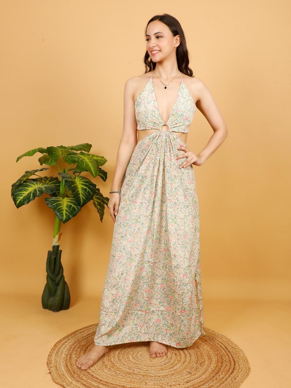 boho halter dress Black Bohemian Floral Halter Maxi Dress: Handmade Backless Summer Dress