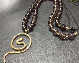 Unique Smoky Quartz Necklace With Golden Snake Pendant || Gray Stone Symbol Pendant Necklace || Serpentine Beaded Necklace