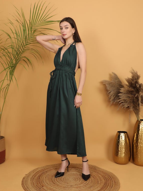Emerald Green Viscose Boho Maxi Dress | Halter Neck, Backless, Braided Belt
