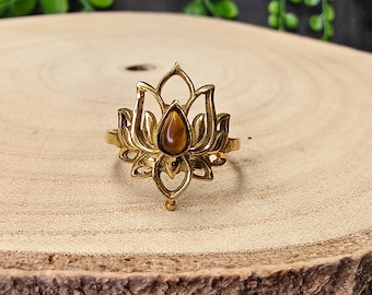 Lotus Adjustable  Brass Ring With Semi Precious Stone || Bohemian Ethnic Ring Symbol of Spiritual Elevation || Spiritual Brass Jewelry