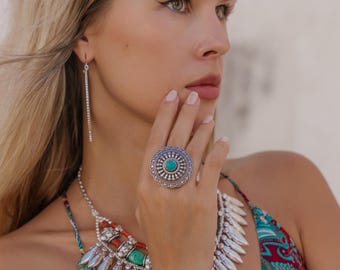 Large Boho Adjustable Mandala Ring with Round Semi Precious Stone | Oversize Spiritual Ethnic Jewelry