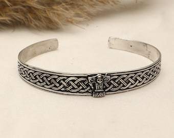 Thor Hammer Brass Cuff Bracelet | Viking Knotwork Bangle | Norse Jewelry | Celtic Knot Cuff | Adjustable Tribal Wrist Cuff