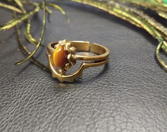 Golden Adjustable Ring With Semi Precious Stone || Brass Double Ring || Golden Ethnic Ring || Bohemian Natural Stones Ring