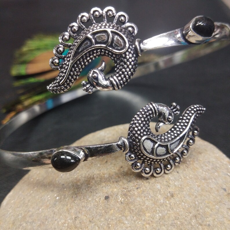 Brass Arm Bracelet with Peacock Patterns and Gemstones