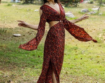 Long Sleeves Dress With Ring on the Front and Opening Above The Hips || Polyester Dress with Sides Slit || Long Dress  To Tie in the Back