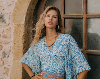 Bohemian Wrap Ikat Top || Flowy Top with Long Flared Sleeves || Ethnic Print Crop Top || Umbrella Sleeves Cropped Top