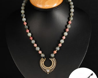 Unique Piece Necklace In Labradorite and Rhodochrosite and Golden Half Moon Pendant || Ethnic Pendant Necklace || Half Circle Pendant